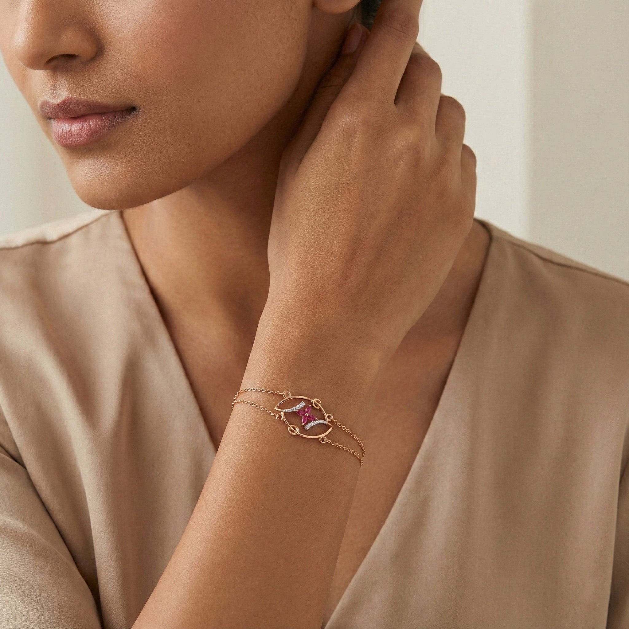 Crimson Bow Frame Diamond Bracelet – studio view 3