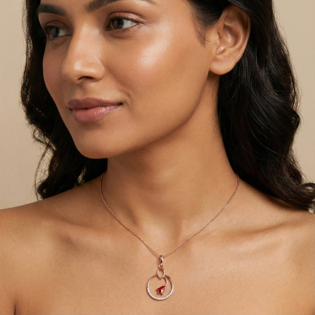 Crimson Butterfly Arc Diamond Pendant – studio view 3