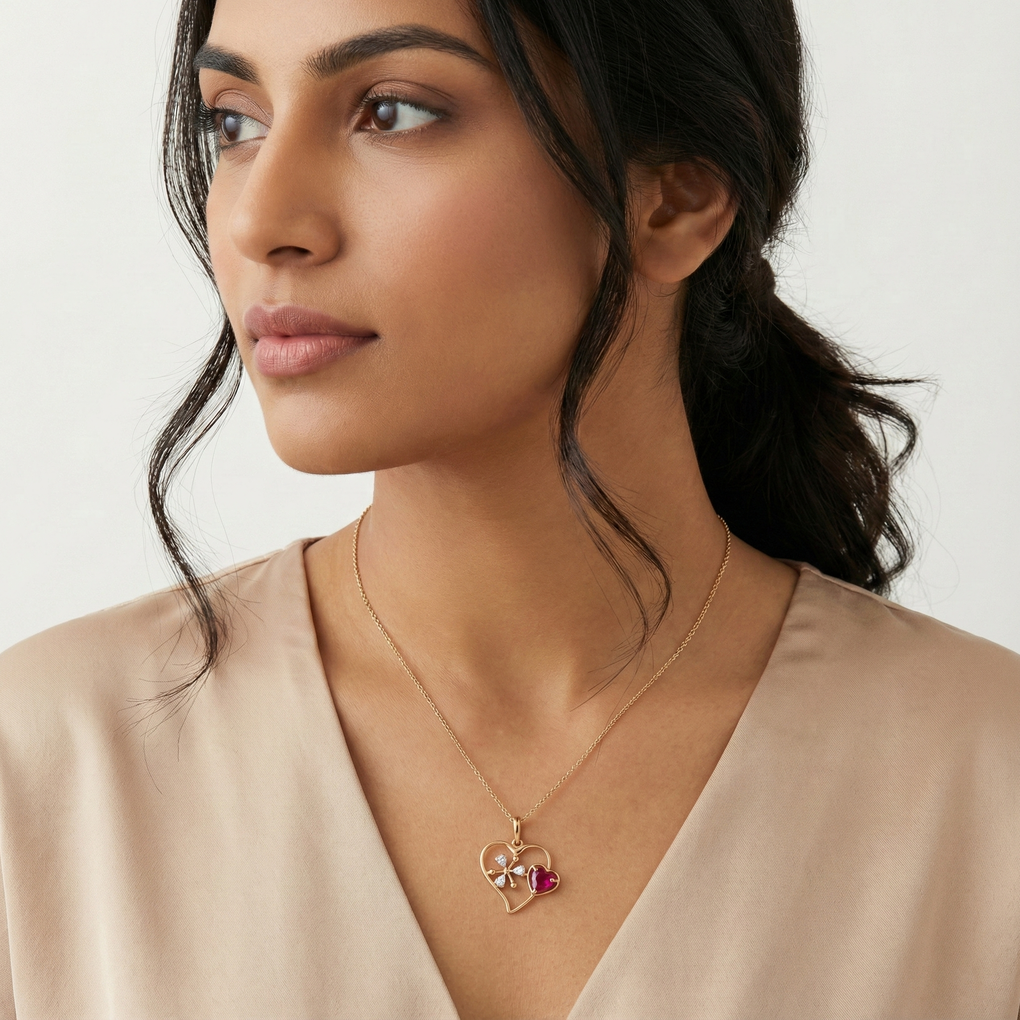 Crimson Twin Heart Diamond Pendant – studio view 3