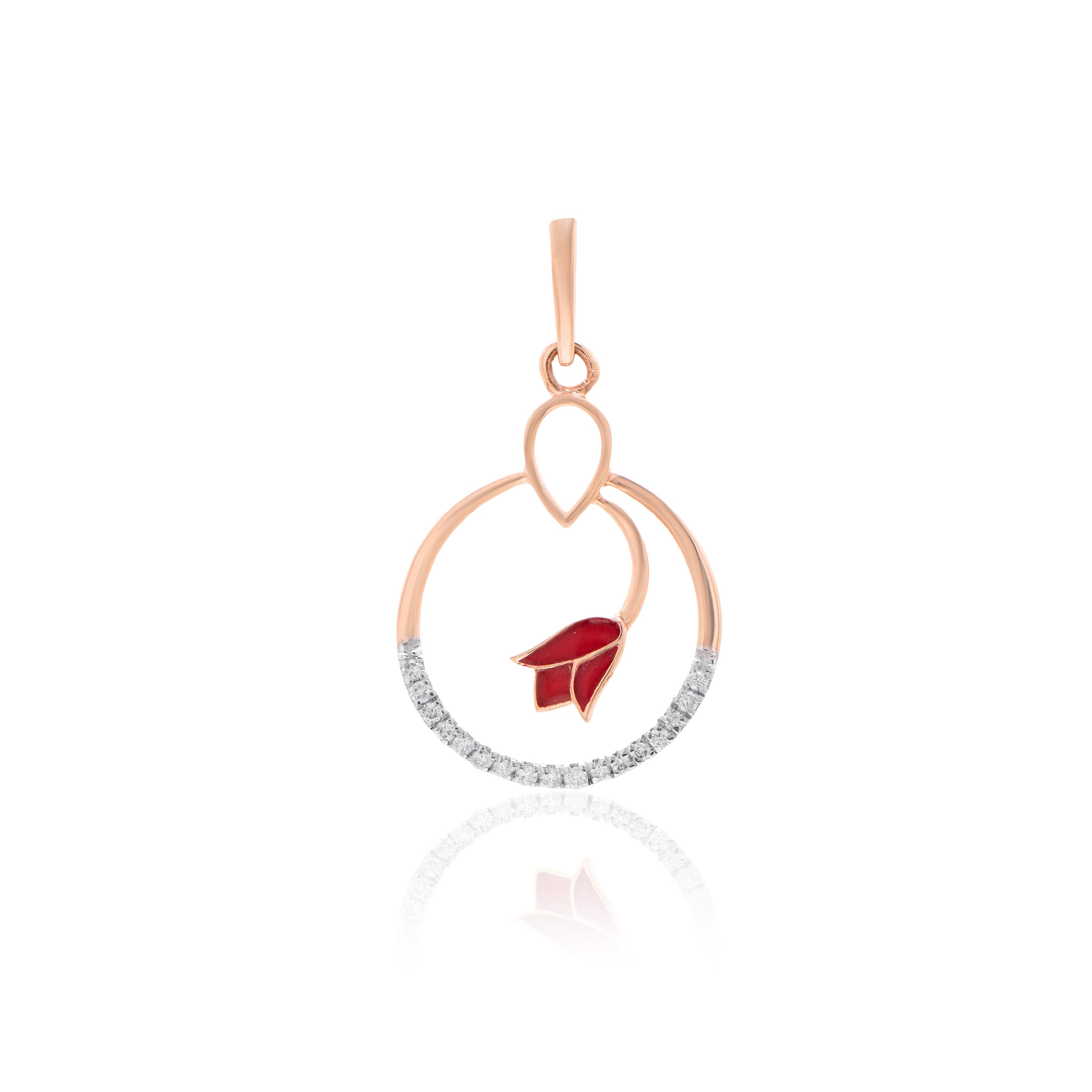 Crimson Leaf Orbit Diamond Pendant – studio view 1
