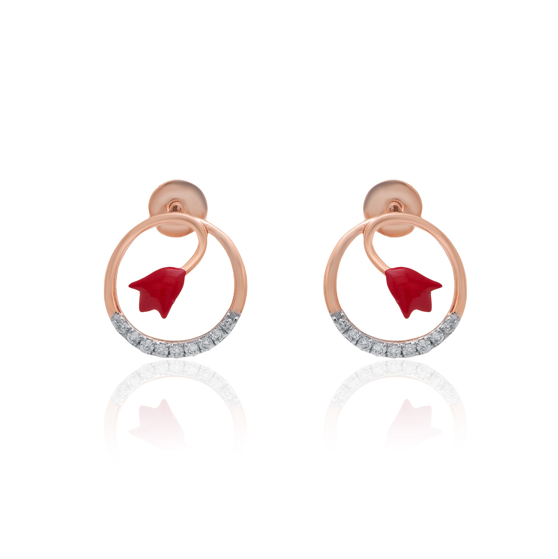 Crimson Tulip Orbit Diamond Earrings – studio view 2