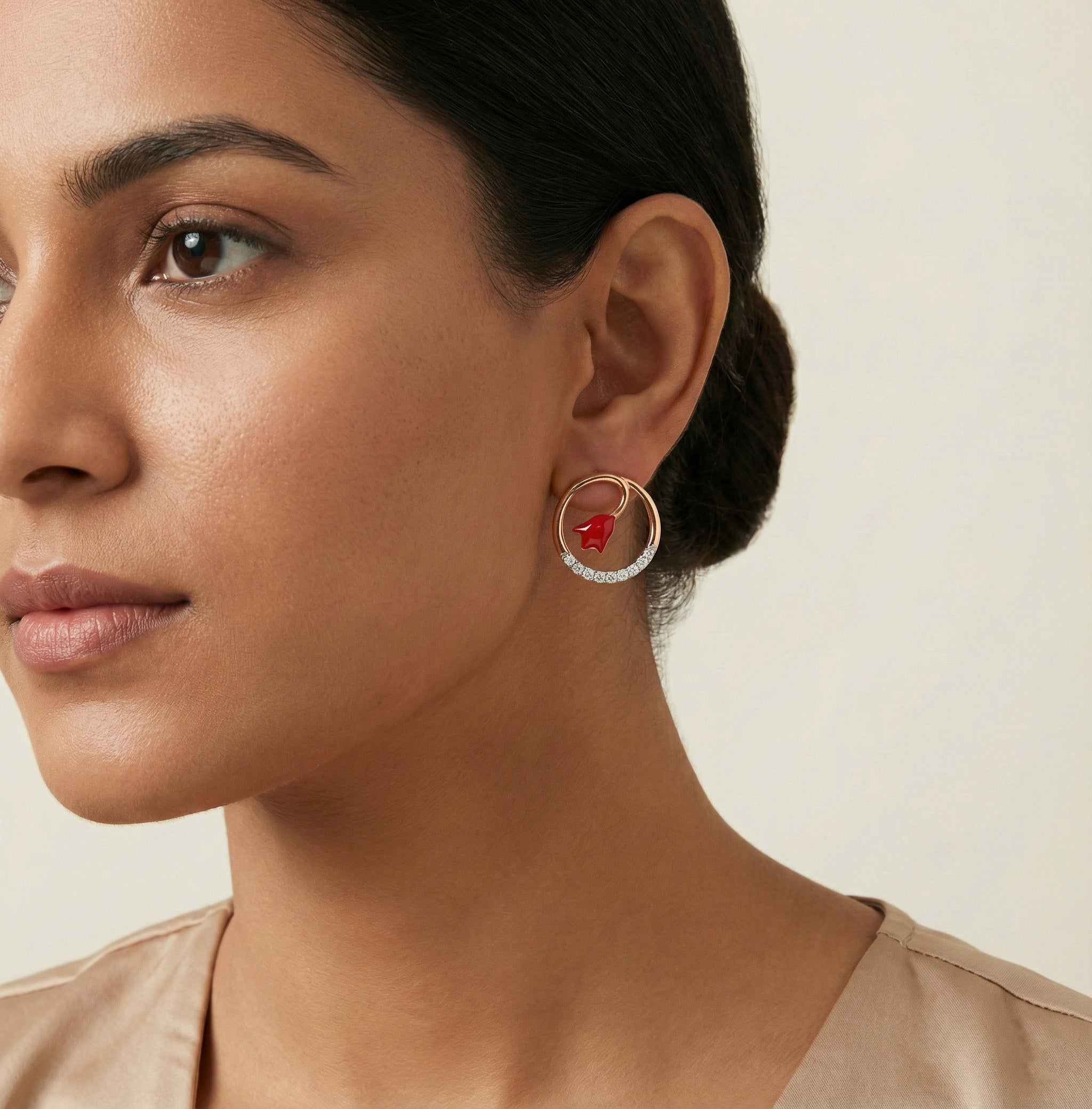 Crimson Tulip Orbit Diamond Earrings – studio view 3