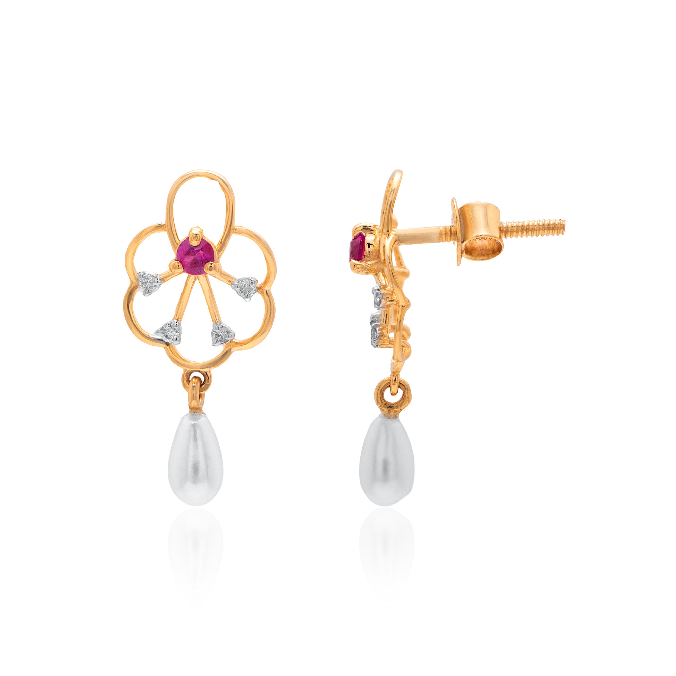 Crimson Blossom Dewdrop Diamond Earrings – studio view 1