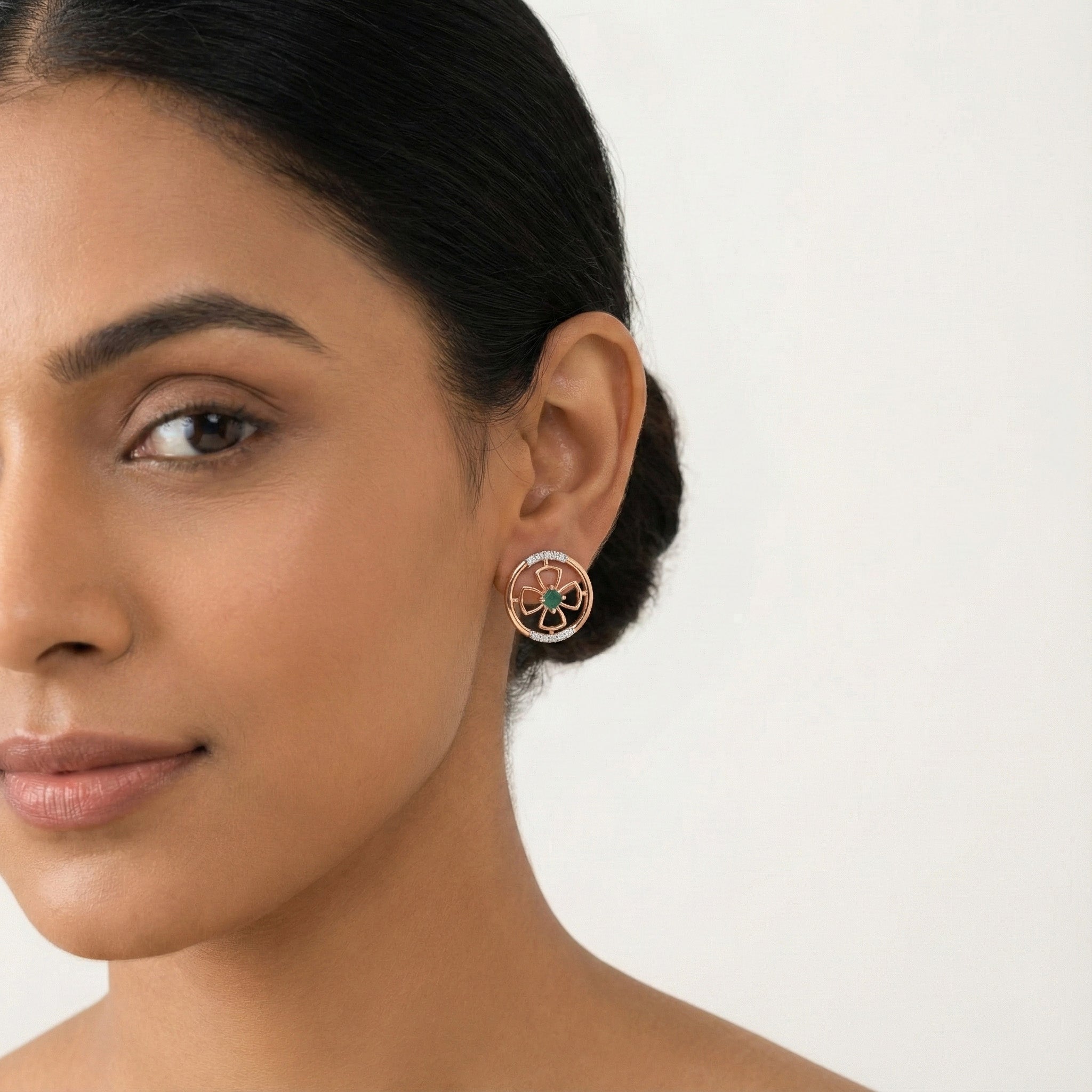 Crimson Blossom Dewdrop Diamond Earrings – studio view 3