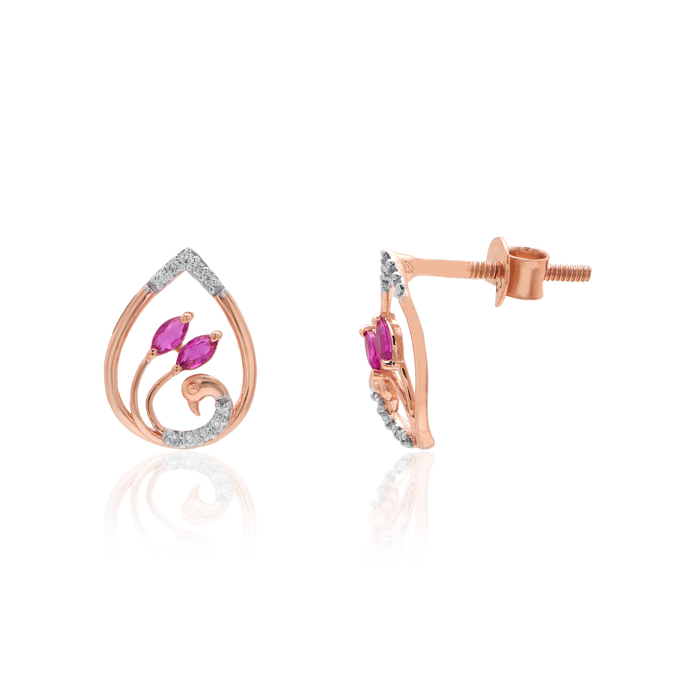 Crimson Petal Teardrop Diamond Earrings – studio view 1