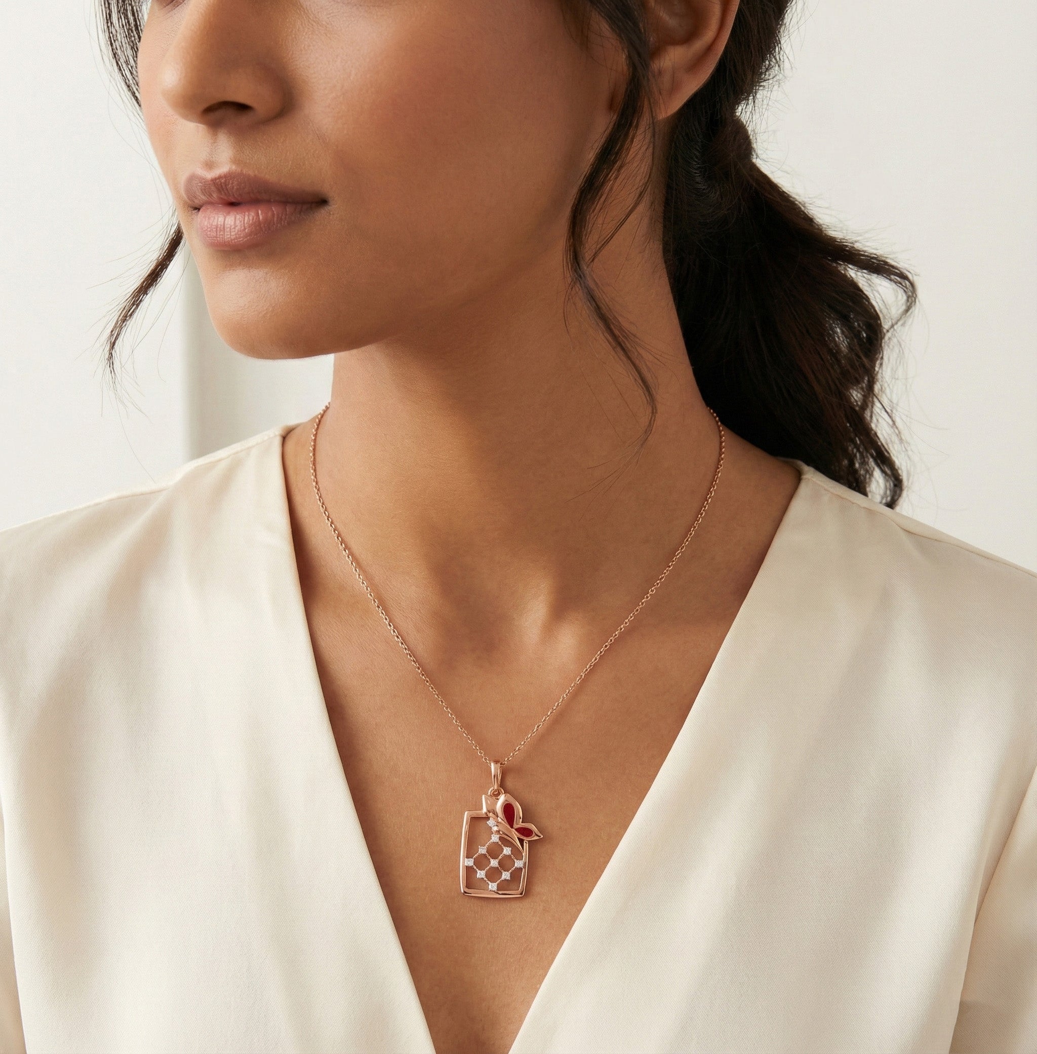 Crimson Leaf Window Diamond Earrings – studio view 3