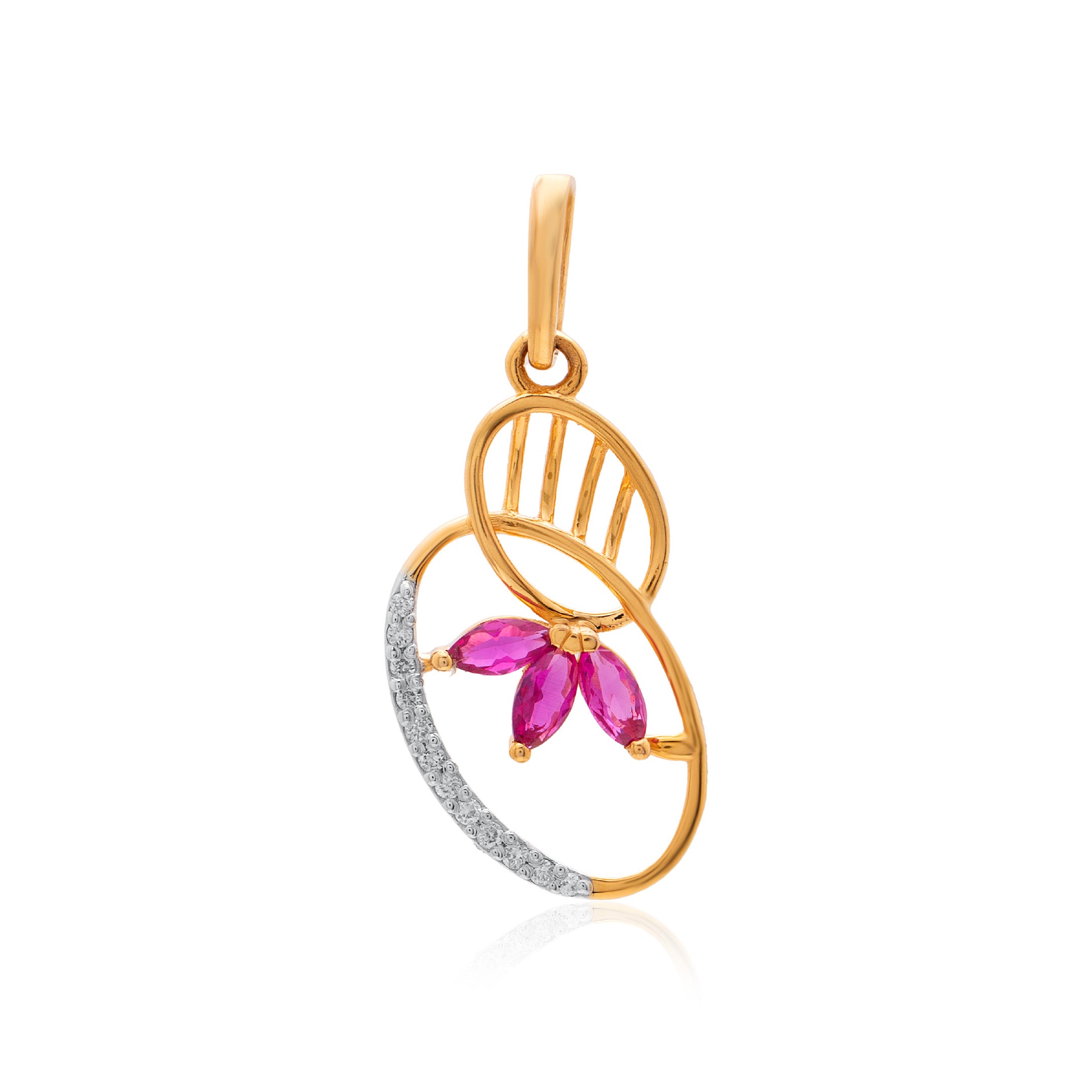 Crimson Petal Orbit Diamond Pendant – studio view 1