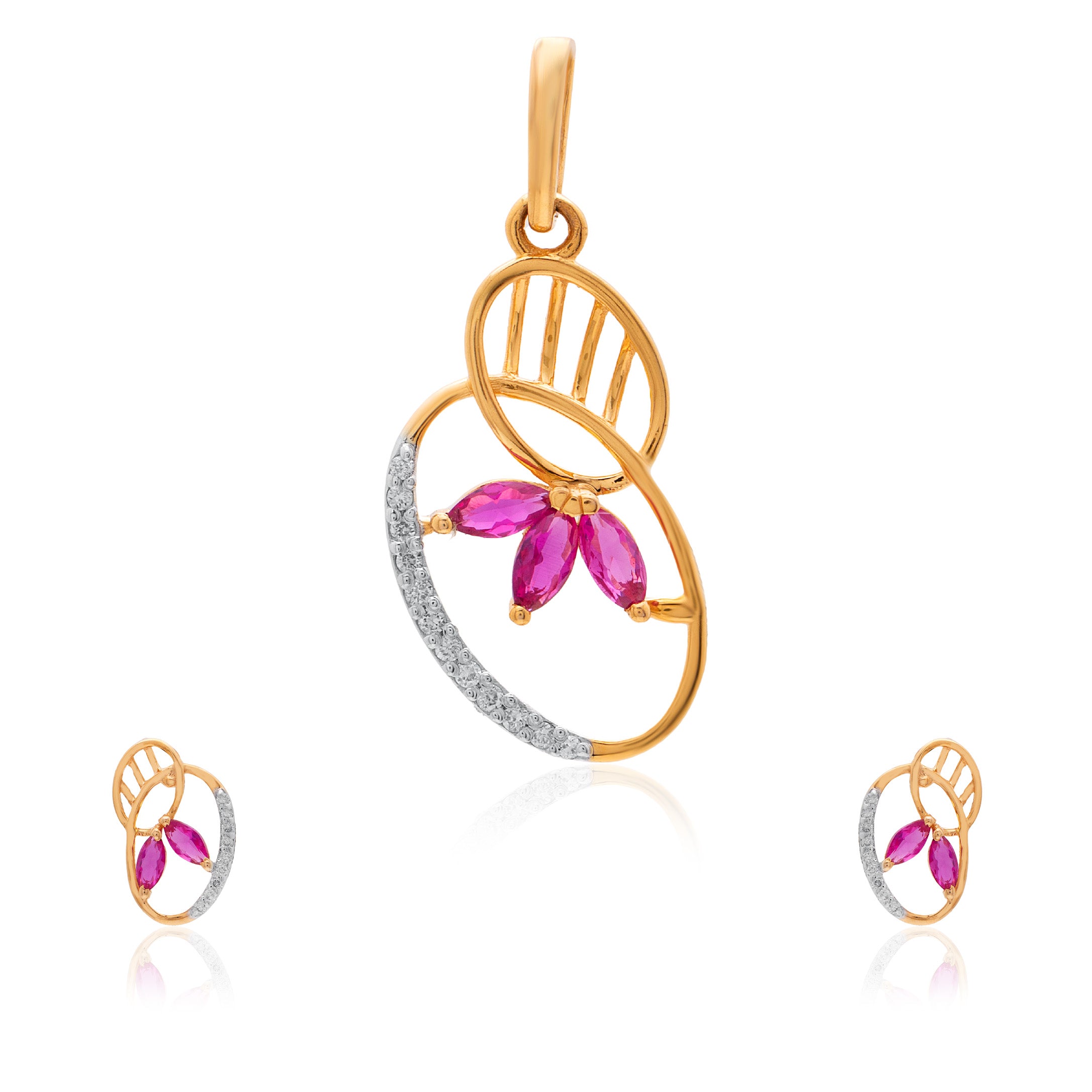 Crimson Petal Orbit Diamond Pendant – studio view 2